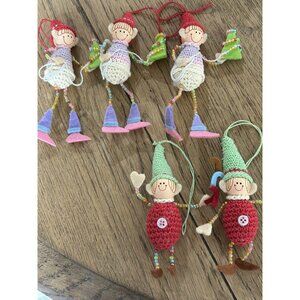 Lot of 5 Crochet Elf Beaded Ornaments Vintage Handcrafted Christmas Figures 5”